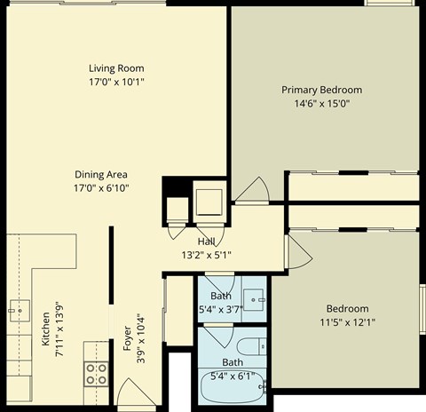 Floor plan for 2 beds, 1 bath